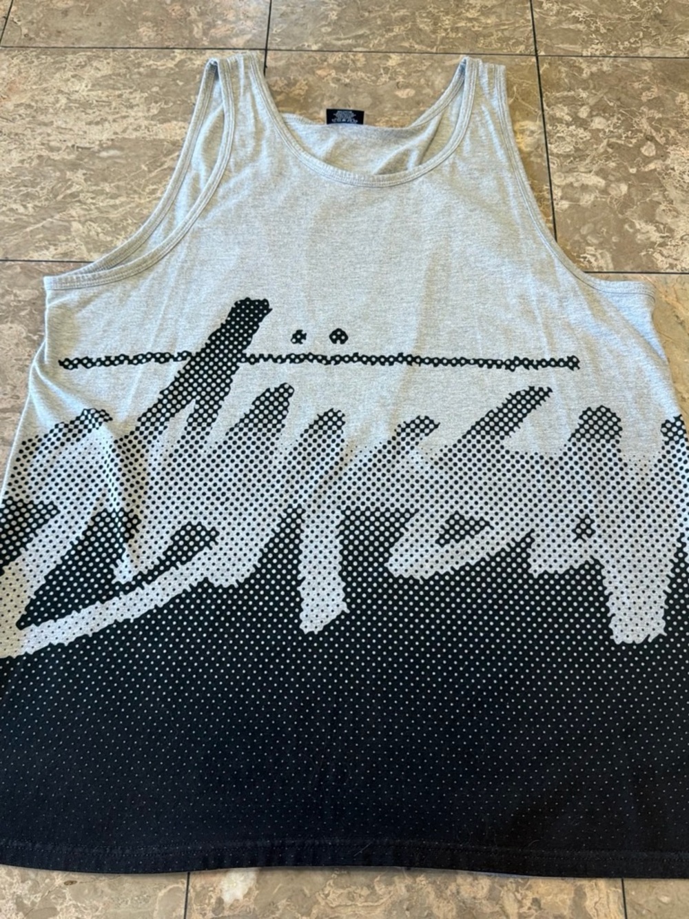 Stussy Gray and Black Gradient Logo Tank
